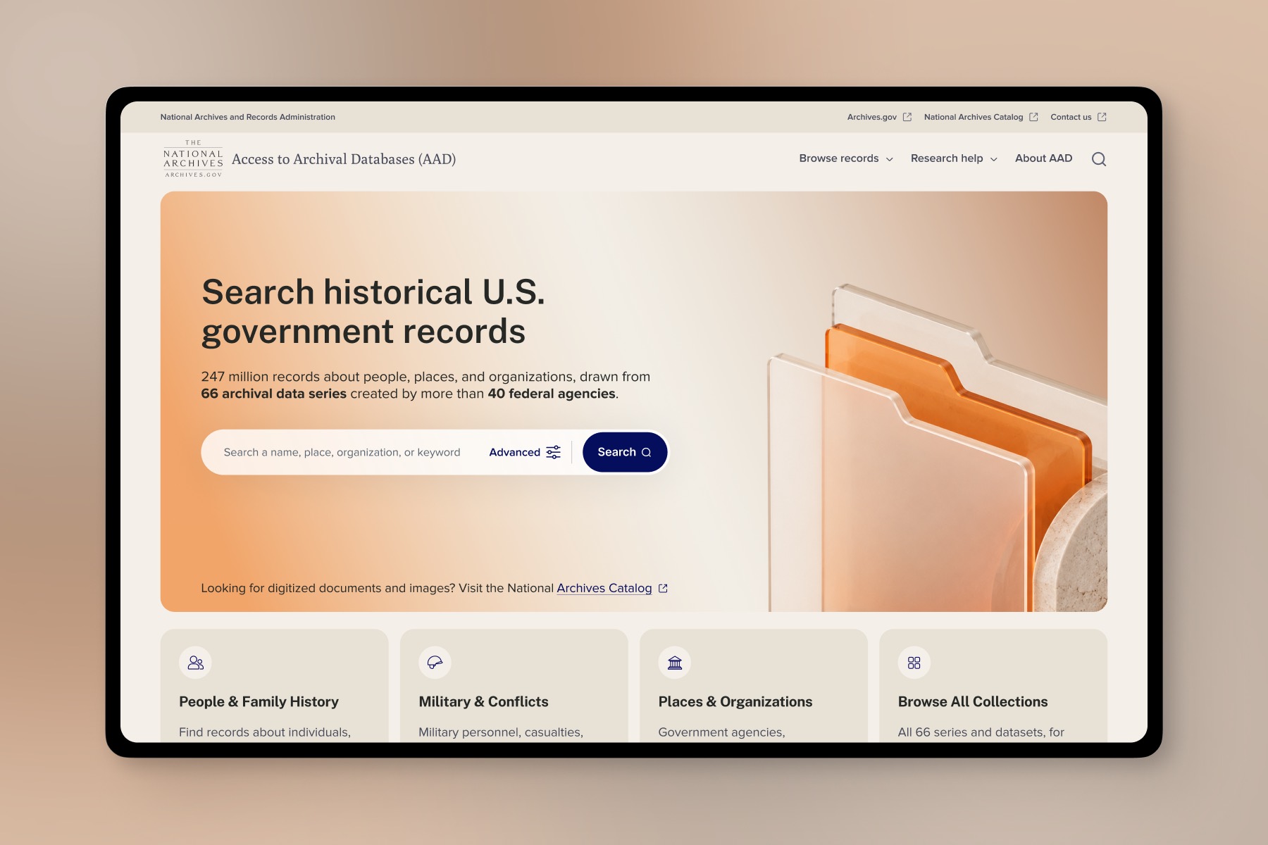After: the redesigned AAD homepage. A warm gradient hero reads “Search historical U.S. government records” above a line stating 247 million records from 66 archival data series and more than 40 federal agencies, a single search field with Advanced and Search controls, and a line pointing researchers looking for digitized documents to the National Archives Catalog. Four labelled cards sit below for people and family history, military and conflicts, places and organizations, and browsing all collections.