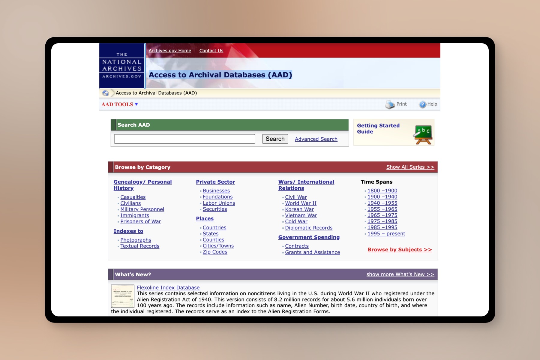 Before: the legacy AAD homepage. A blue and red banner sits above an “AAD Tools” bar, a small green “Search AAD” box with a single field and an Advanced Search link, and a “Browse by Category” panel listing roughly forty links in four columns — genealogy, private sector, places, wars, government spending, and time spans. A “What's New?” feed runs below.