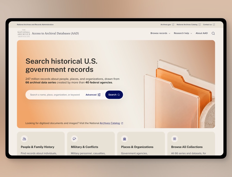 The redesigned Access to Archival Databases on a tablet — a warm hero panel reading “Search historical U.S. government records” above one search field and four research categories.