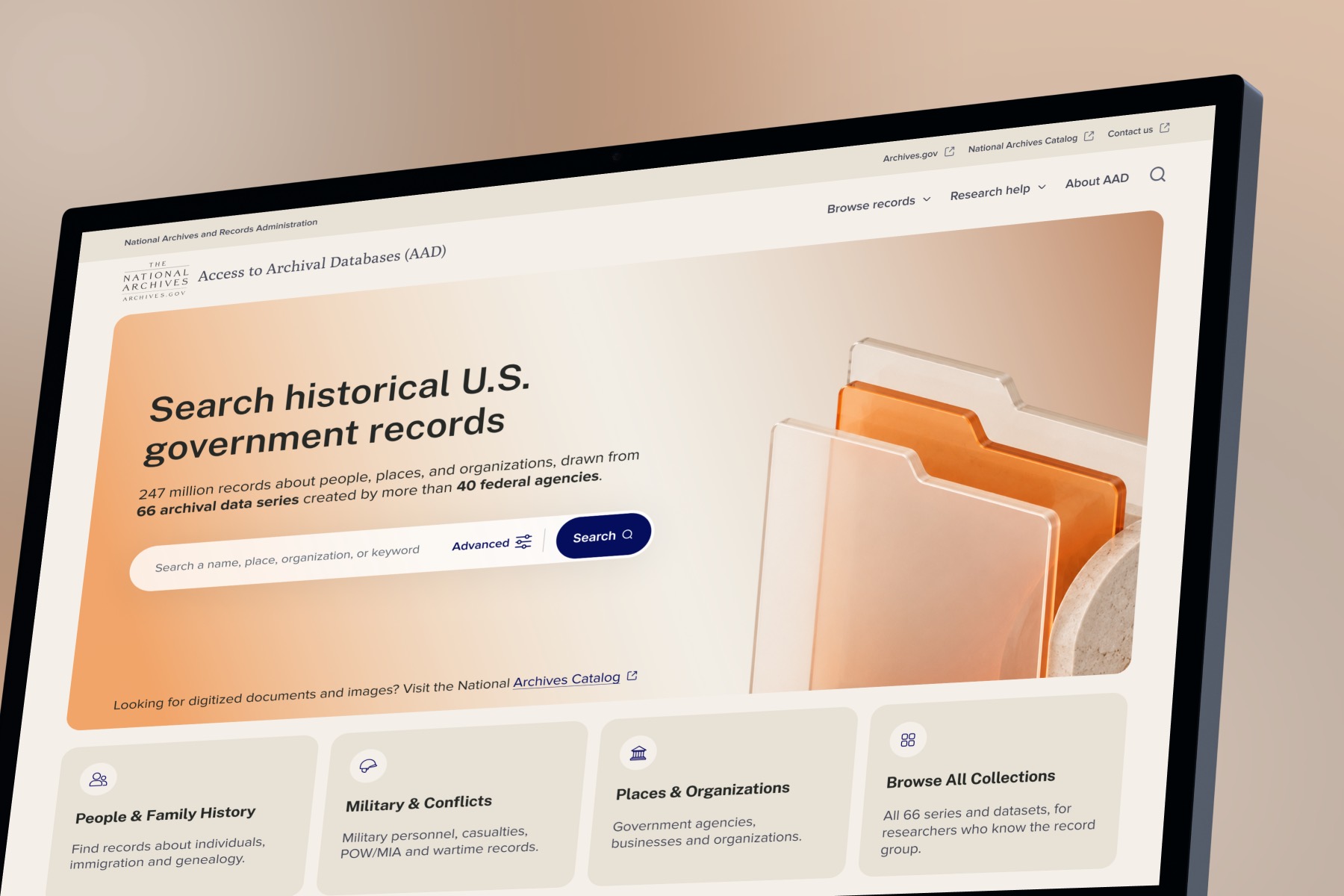 A close view of the redesigned entry screen. The search field carries the hint “Search a name, place, organization, or keyword” beside an Advanced control and a Search button, under a headline and a line stating the size of the archive. The header offers Browse records, Research help, and About AAD, with links out to Archives.gov, the National Archives Catalog, and a contact page.