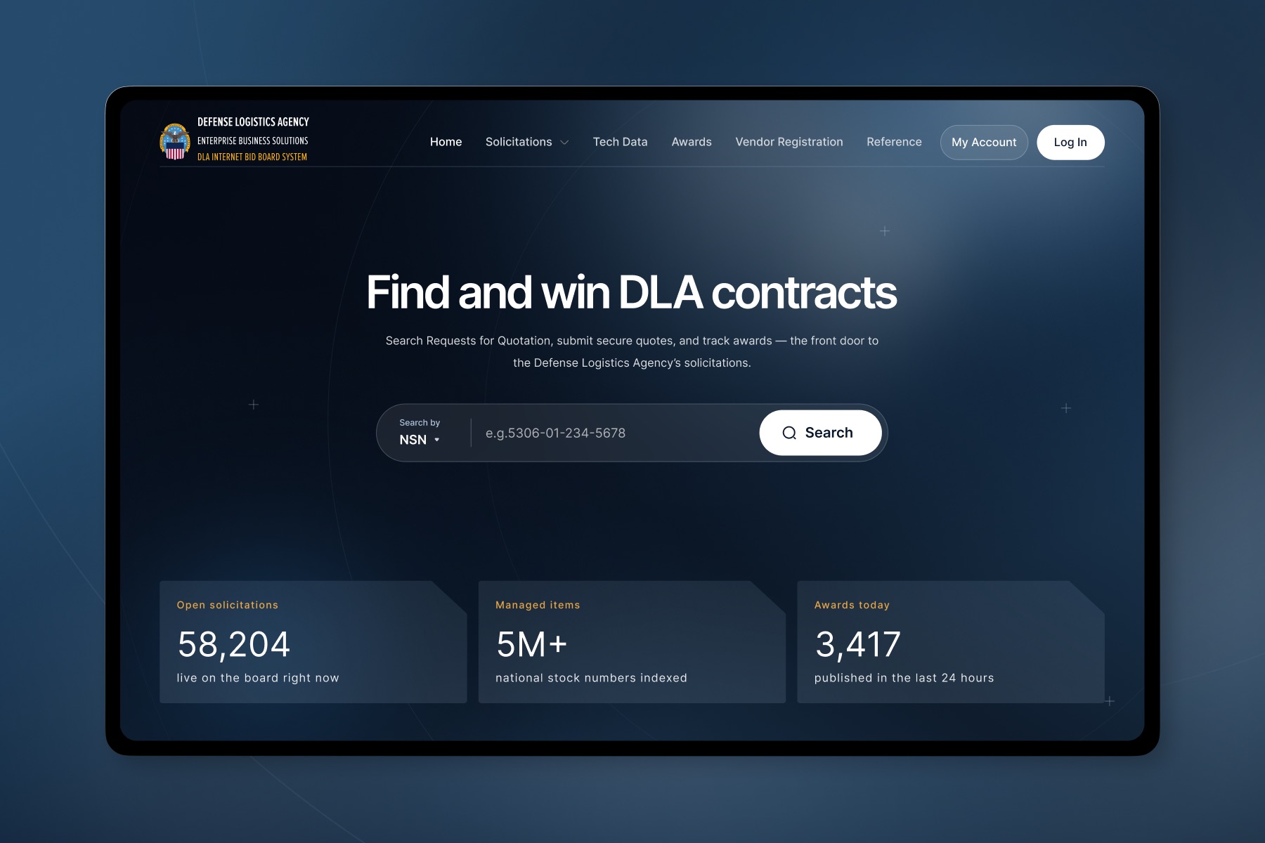 After: the redesigned DIBBS homepage on a tablet. A dark navy page with the DLA lockup and a seven-item horizontal navigation, a large headline reading “Find and win DLA contracts”, one centered search field with an NSN selector and a Search button, and three statistic cards below — open solicitations, managed items, and awards today.