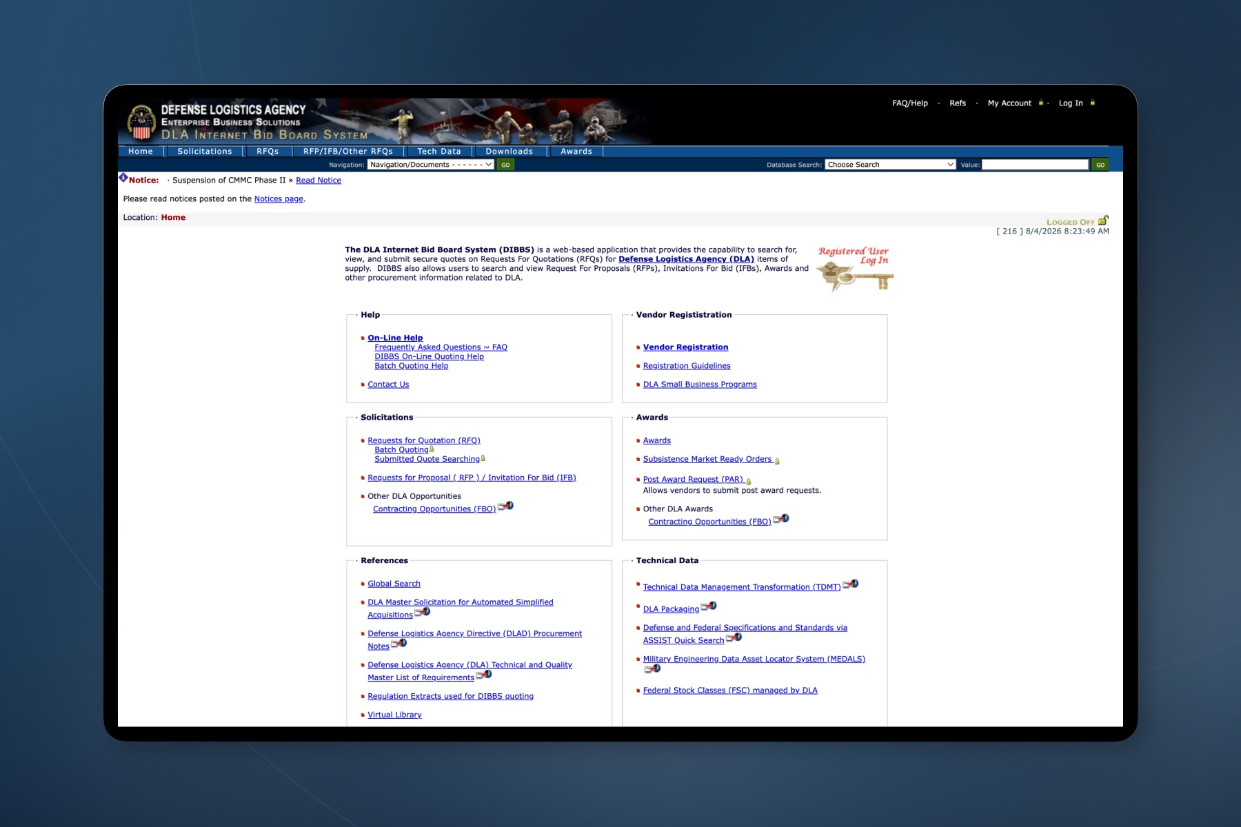 Before: the live DIBBS homepage on a tablet. A dense page of small blue hyperlinks grouped into six bordered boxes — help, vendor registration, solicitations, awards, references, and technical data — under a banner, a tabbed menu bar, and two separate search controls in the page chrome.