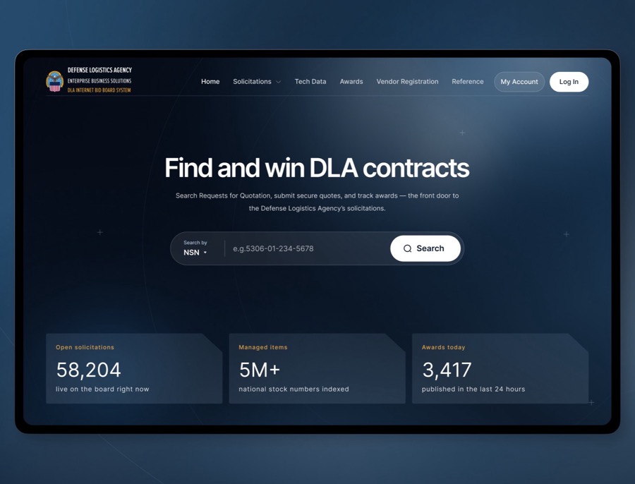 The redesigned DIBBS homepage on a tablet — a dark page with one centered search field and three statistic cards.