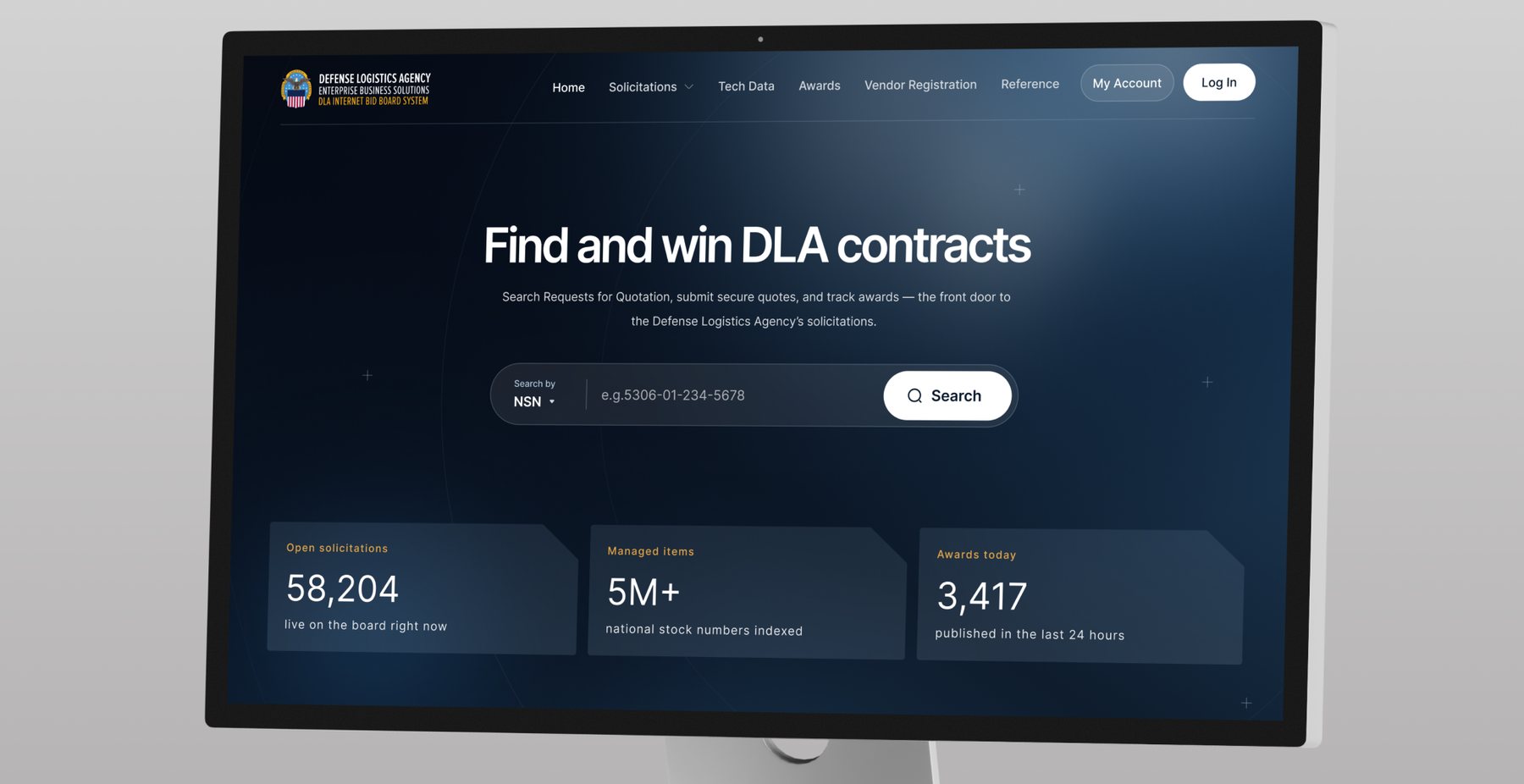 Redesigned DIBBS homepage on a desktop monitor: a dark navy hero reading “Find and win DLA contracts,” a large search field with an NSN selector, and three statistic cards showing open solicitations, managed items, and awards published today.