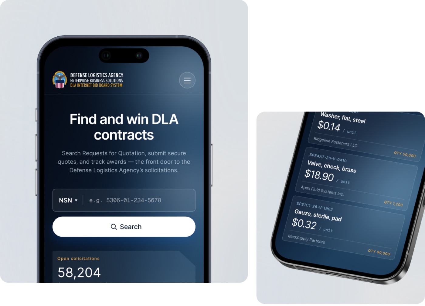 Two phone screens. The first shows the DIBBS homepage with the headline “Find and win DLA contracts,” an NSN search field, and an open-solicitations counter. The second shows a scrolling list of awarded items with unit prices, vendor names, and quantities.