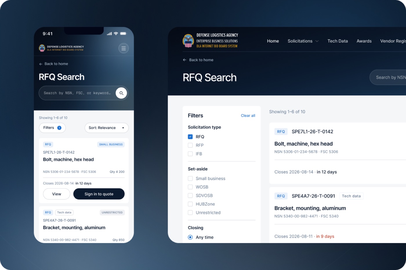 RFQ search on phone and desktop. The desktop view shows a filters panel for solicitation type, set-aside, and closing date beside result cards; each card lists the solicitation number, item name, NSN, FSC, quantity, and a closing date with days remaining.