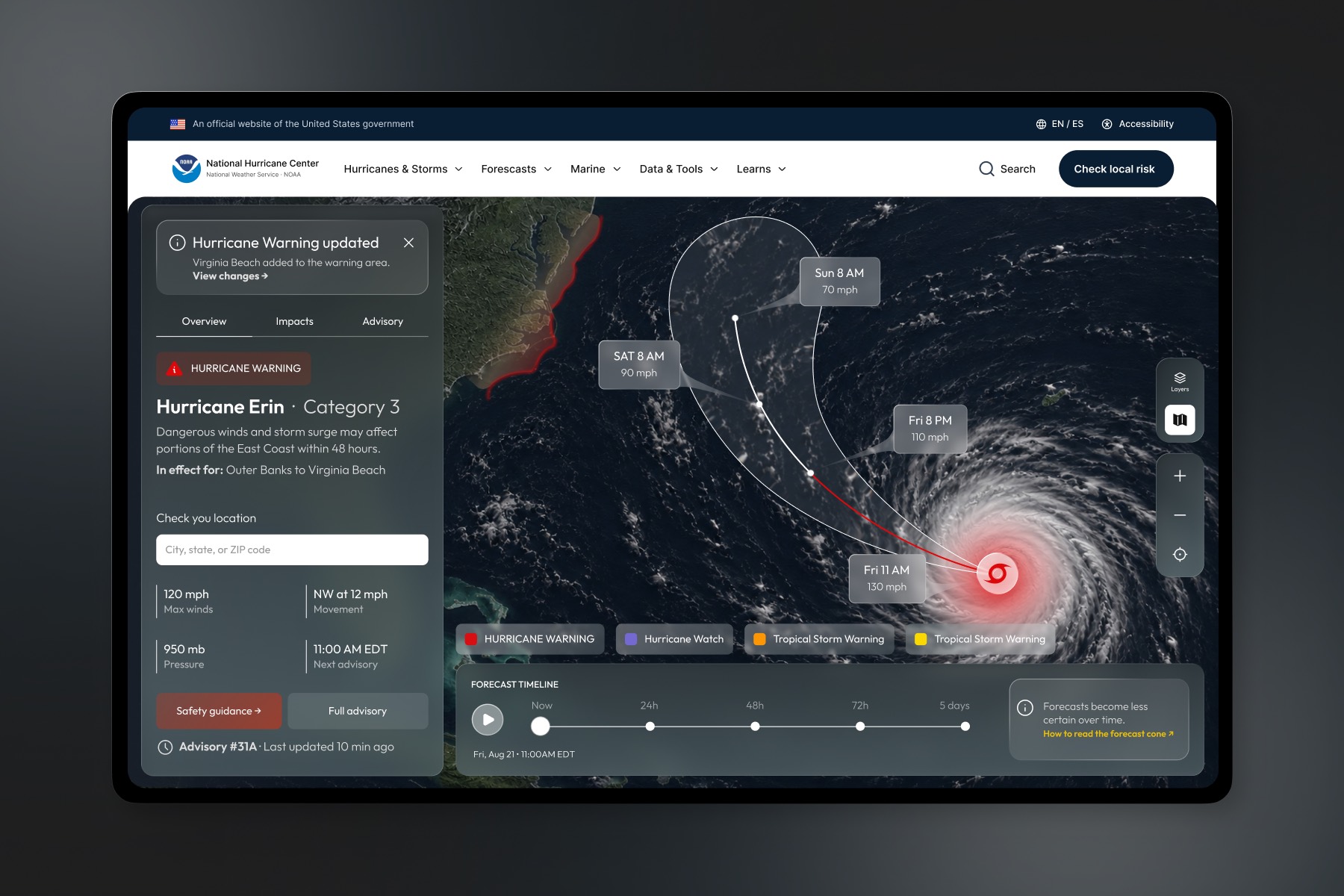 After: the redesigned National Hurricane Center on a tablet. A dark satellite map of a hurricane approaching the East Coast carries labelled forecast positions and a colour-and-text legend for hurricane warning, hurricane watch, and tropical storm warning. A panel on the left states a hurricane warning for Hurricane Erin, Category 3, the coastline it covers, a location field, and readings for winds, movement, pressure, and next advisory. A forecast timeline runs along the bottom from now to five days.