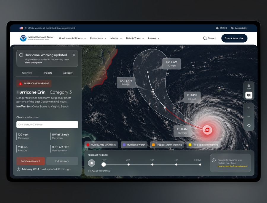 The redesigned National Hurricane Center on a tablet — a dark satellite map of a hurricane beside a panel stating the hurricane warning, the storm's category, and the area it affects.