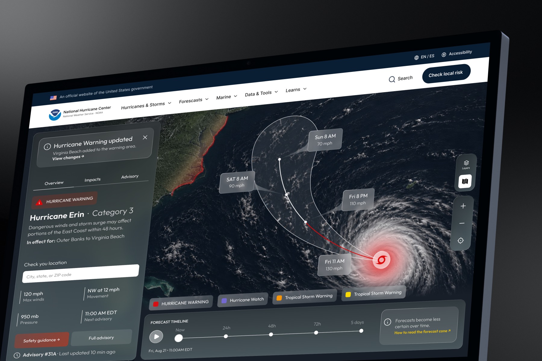 A close view of the redesigned storm interface. At the top of the panel a dismissible notice reads “Hurricane Warning updated — Virginia Beach added to the warning area” with a link to view changes. Below it, tabs for Overview, Impacts, and Advisory sit above a red Hurricane Warning label, the storm name and category, the conditions expected, and the coastline the warning covers. Buttons for safety guidance and the full advisory sit at the foot of the panel above a timestamped advisory number.