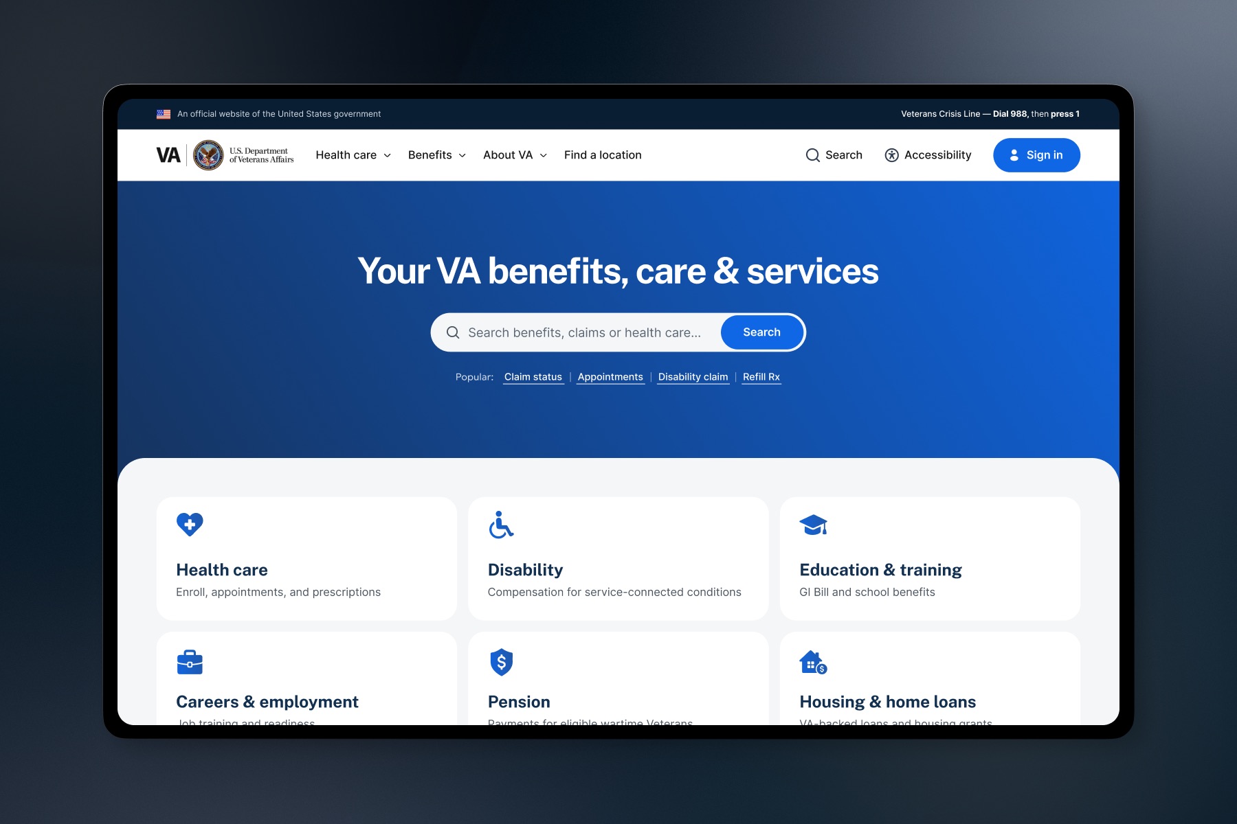After: the redesigned VA.gov homepage. A deep blue page with the VA lockup and a five-item horizontal navigation, a large headline reading “Your VA benefits, care & services”, one centred search field with a Search button, a row of four popular task links — claim status, appointments, disability claim, refill Rx — and a grid of six benefit cards below.