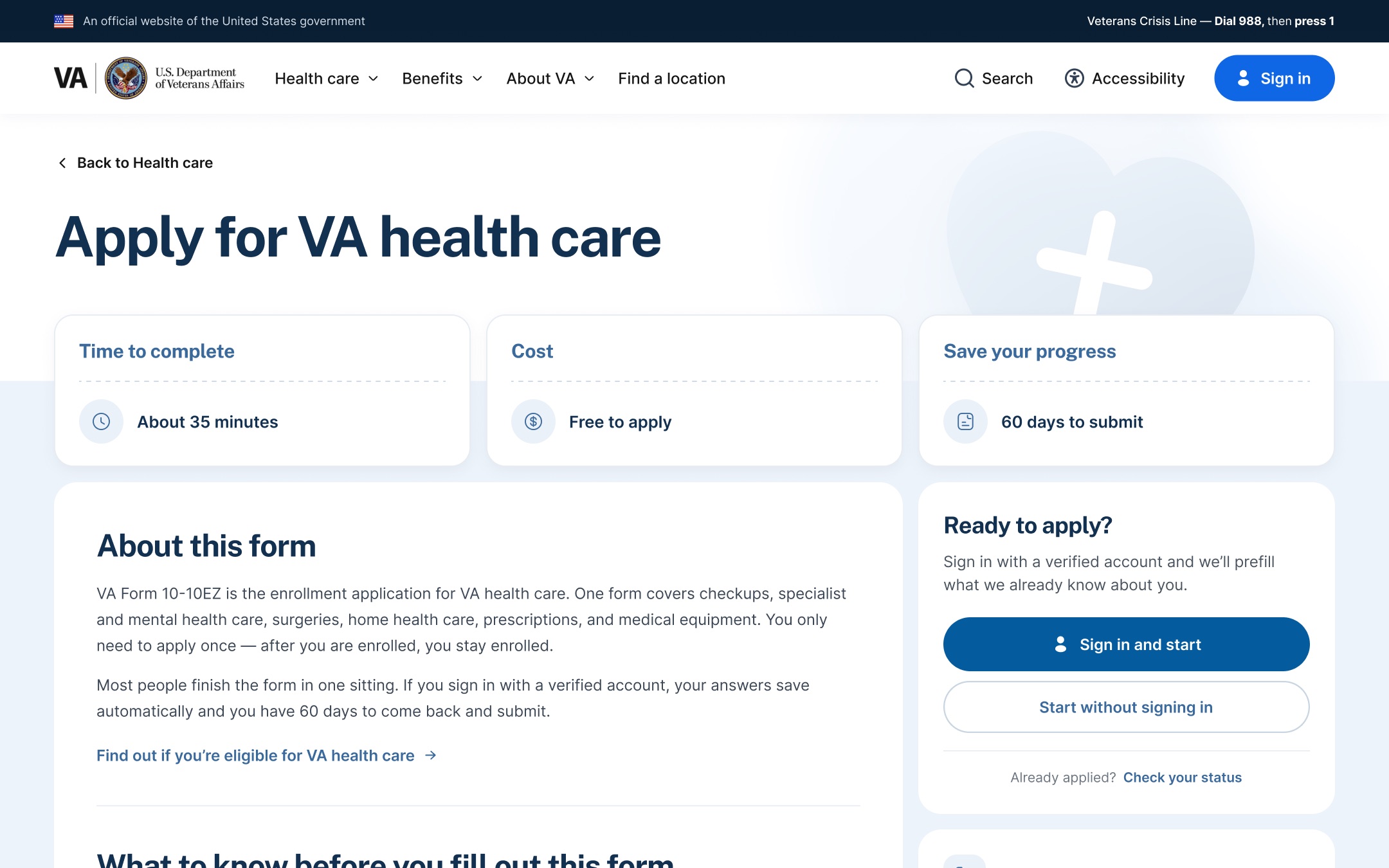 After: the redesigned “Apply for VA health care” page. Summary cards state time to complete, cost, and how long progress is saved, beside an “About this form” explanation and a “Ready to apply?” panel offering sign in and start or start without signing in.