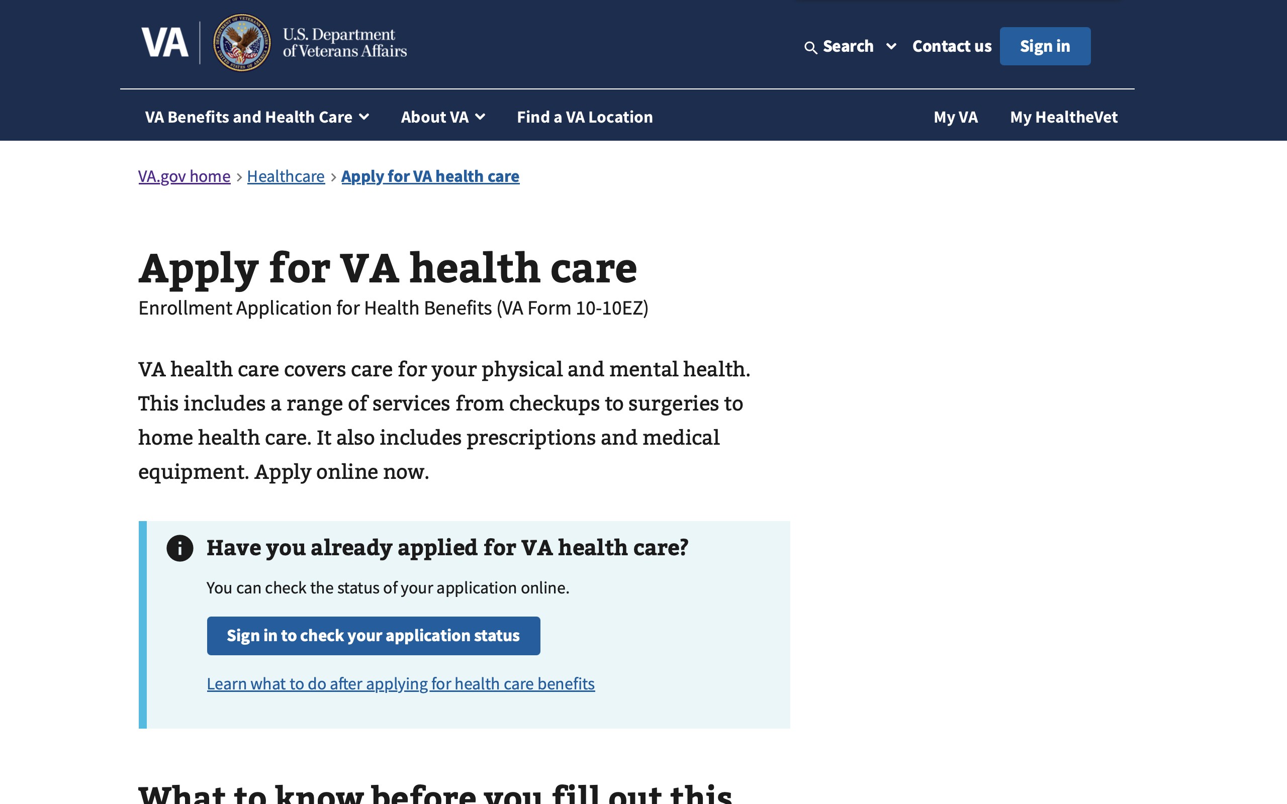 Before: the live “Apply for VA health care” page. A breadcrumb and headline sit above a paragraph of explanation and an information box about checking an existing application; the rest of the page, including the numbered “What to know before you fill out this form” list, continues below the fold.