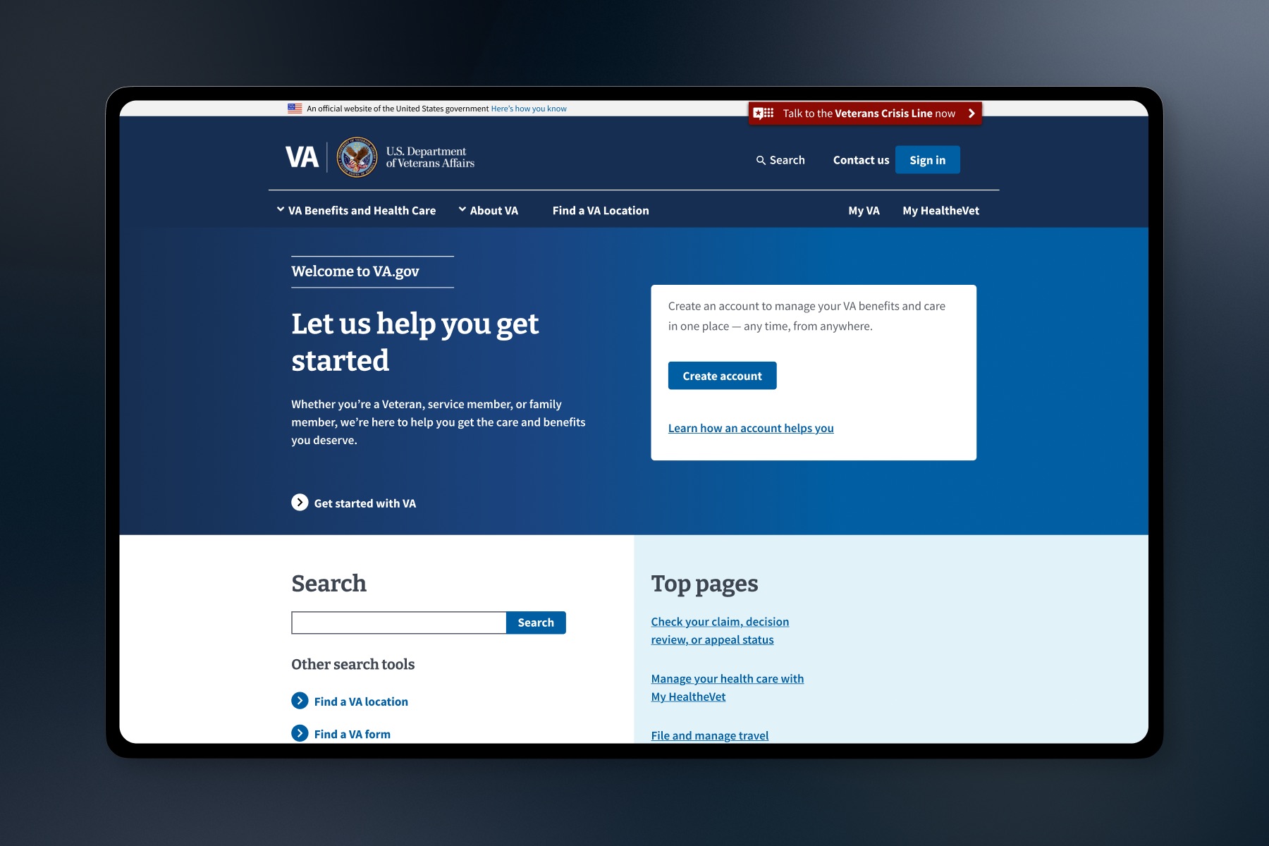 Before: the legacy VA.gov homepage. A welcome message reading “Let us help you get started” with an introductory paragraph and a “Get started with VA” link, an account-creation card promoting Create account, and below the fold a separate Search section with its own field, an “Other search tools” list, and a “Top pages” list of links.